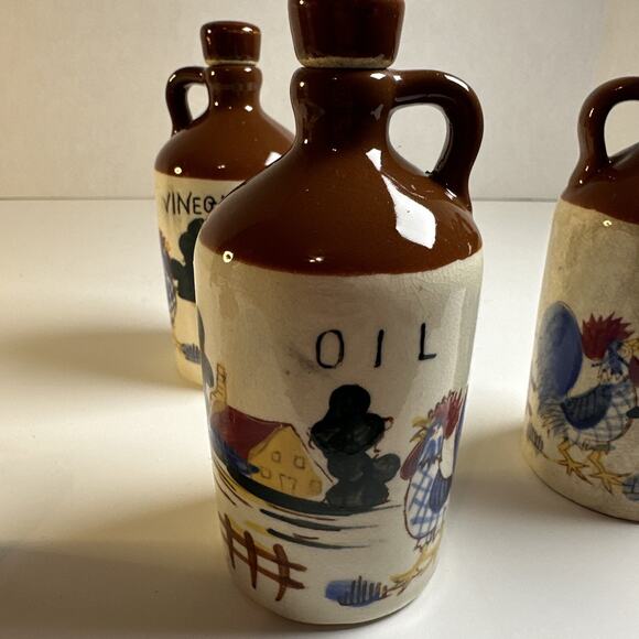 Vintage Relco Japan Vinegar/Oil Cruets Salt Pepper Hand painted Roosters/Barns - Picture 8 of 8